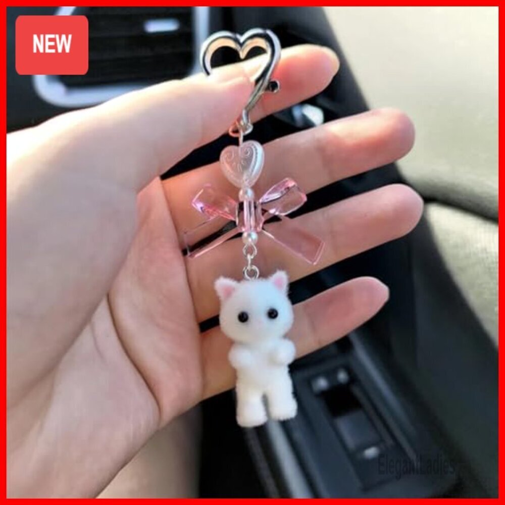 Faux Fur Cat Keychain with Heart Clip, 9cm Bag Charm - Picture 5 of 7